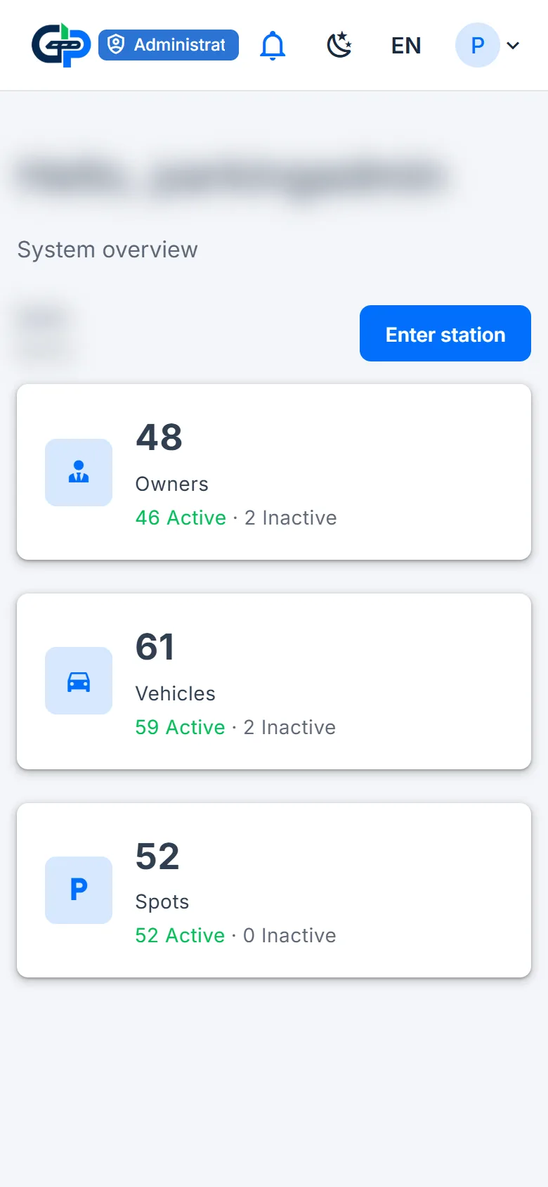 GiT Parking app: station home screen