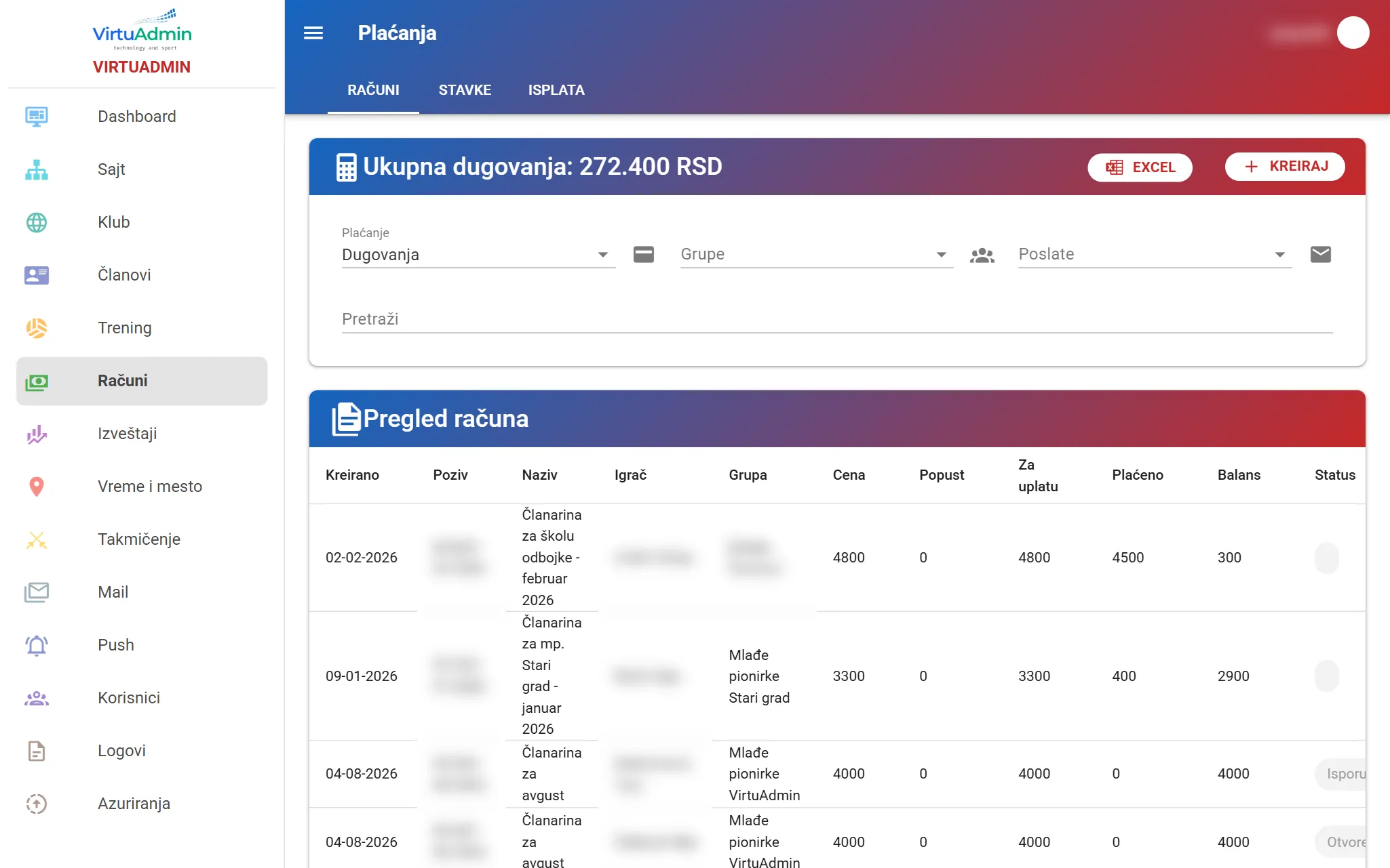 VirtuAdmin: invoices with total debt, payments and email status
