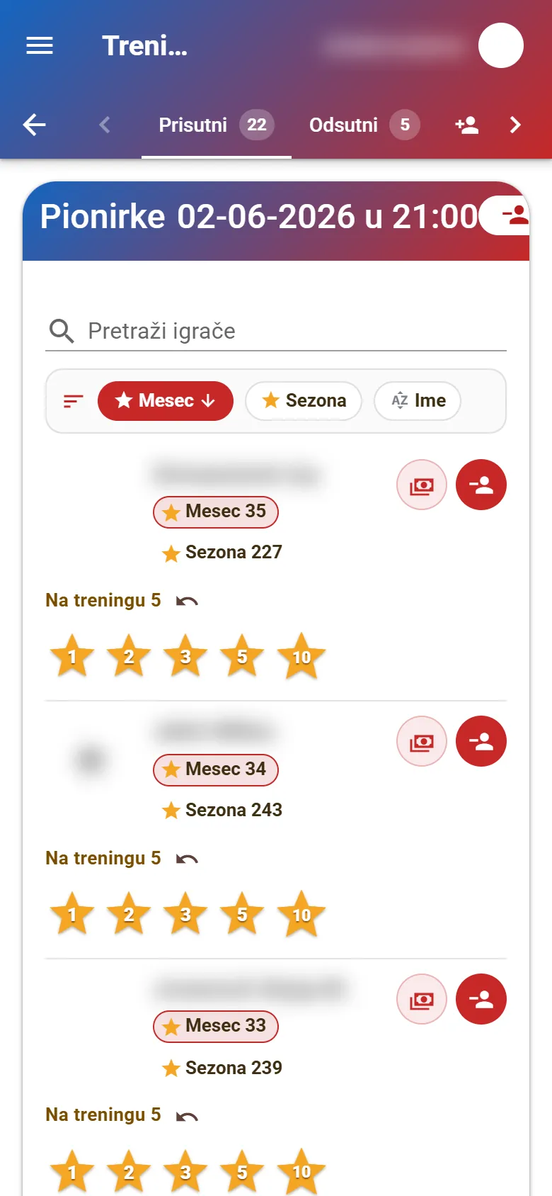 VirtuAdmin coach: attendance and stars at training