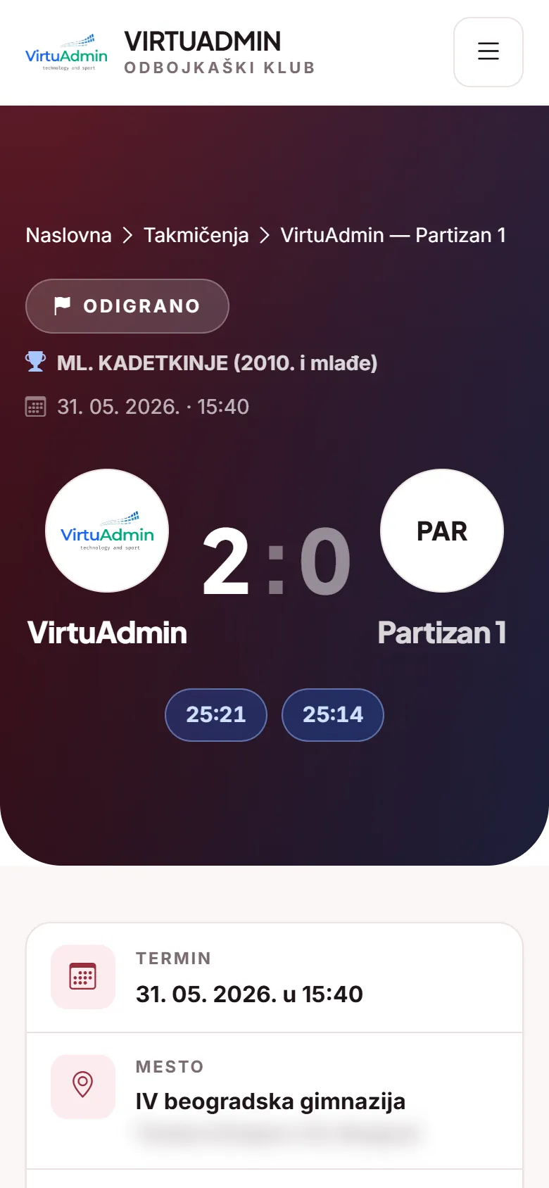 Club website: a match with the score set by set