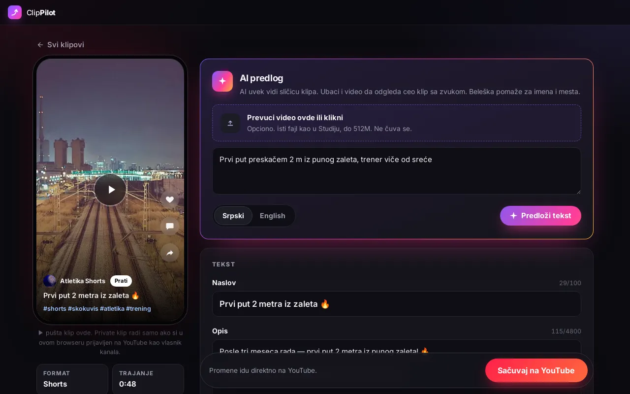 ClipPilot: editing a clip with an AI suggestion, text and publish time